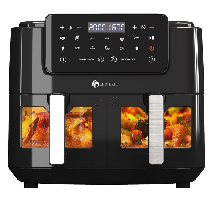 Friteuza cu aer LLIVEKIT 9L, 2 camere, fereastră de vizualizare, fără ulei, 1400W