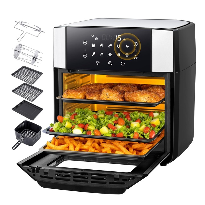 Friteuza cu aer cald LLIVEKIT, 15L, 1800W, neagră, 7 accesorii
