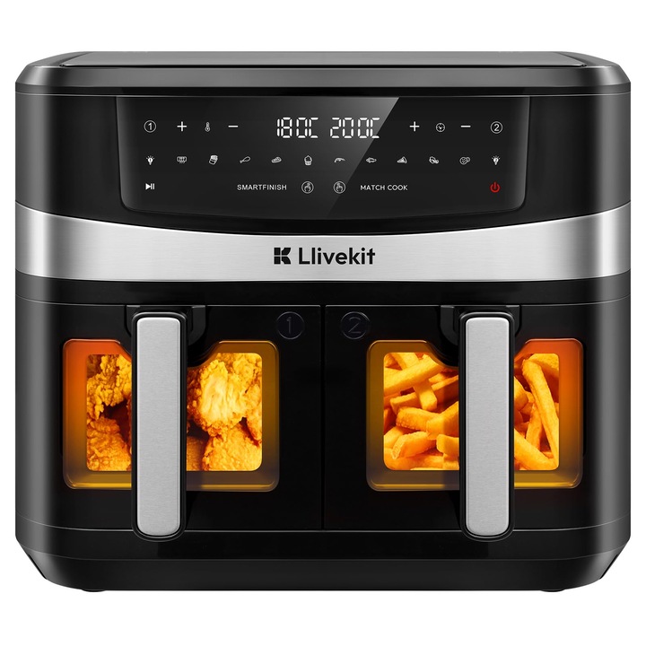 Friteuză cu aer cald LLIVEKIT 10L, 2 camere, 1400 W, multicolor