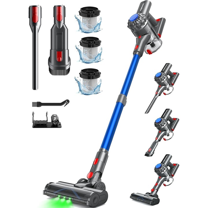 Aspirator vertical, Ivormentico, fără fir, 50 minute autonomie, cu LED verde, albastru închis