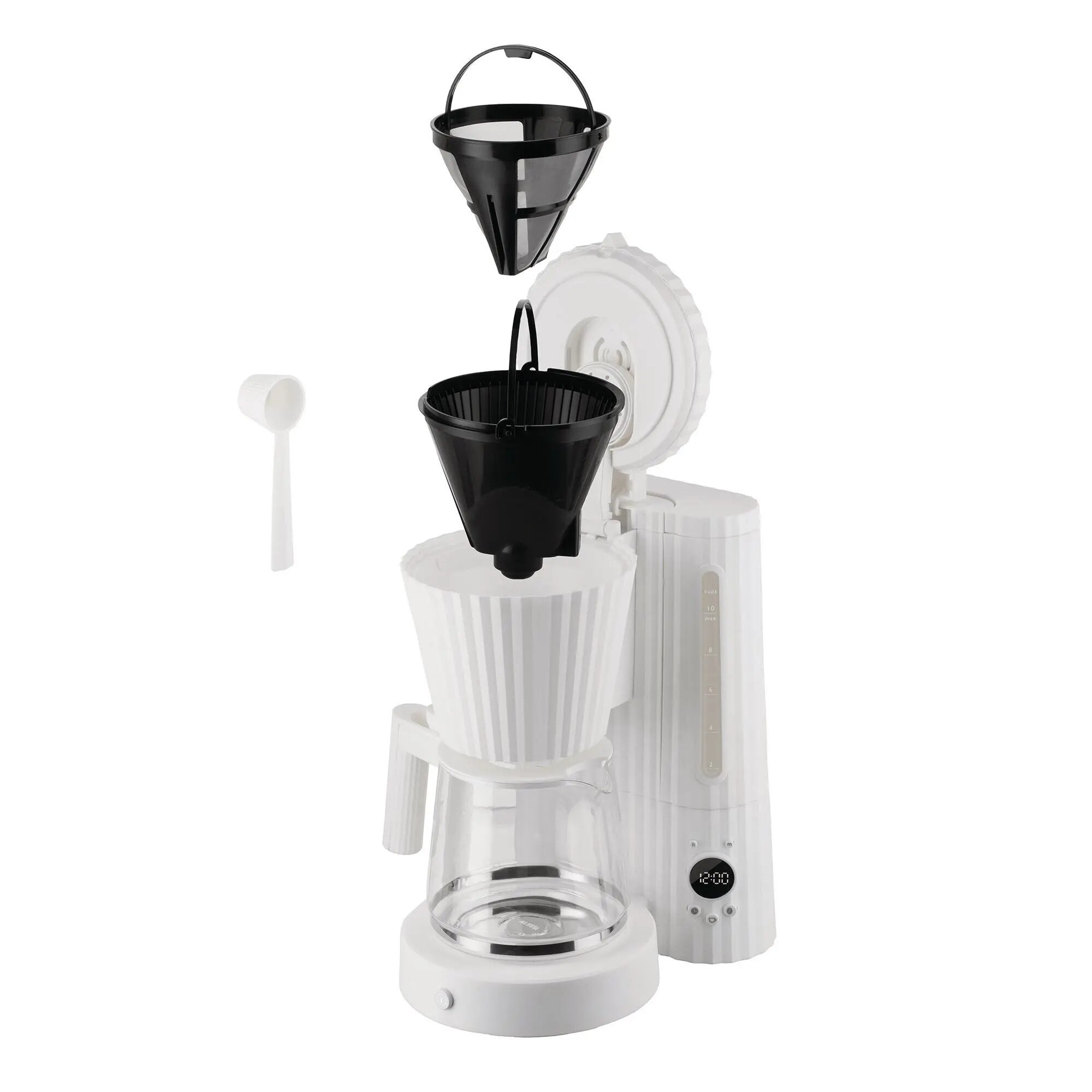 Cafetiera Alessi Plisse MDL14, 1100W, 1.5l, alb, cu functie de mentinere a caldurii, set cu cana sticla si filtru reutilizabil