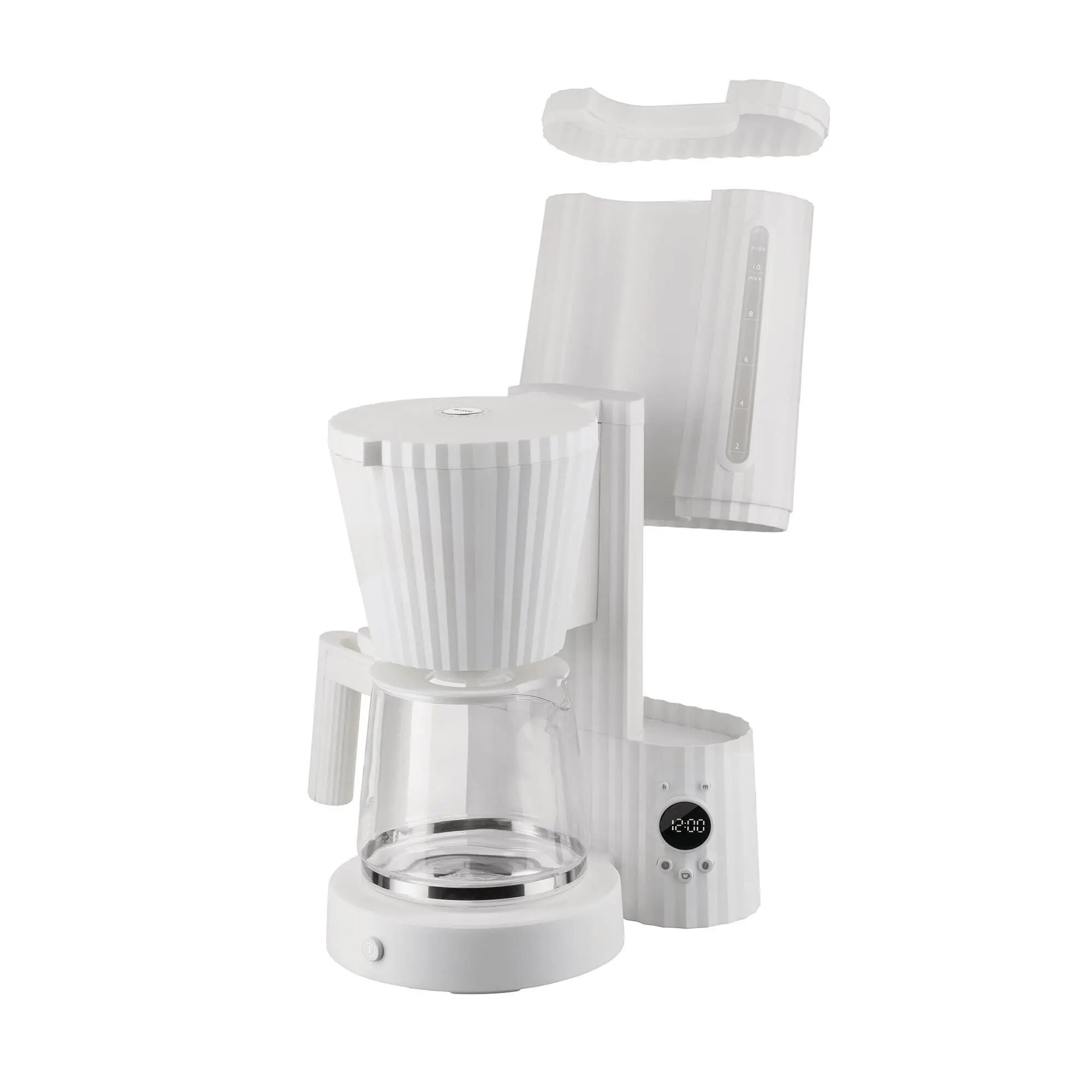Cafetiera Alessi Plisse MDL14, 1100W, 1.5l, alb, cu functie de mentinere a caldurii, set cu cana sticla si filtru reutilizabil