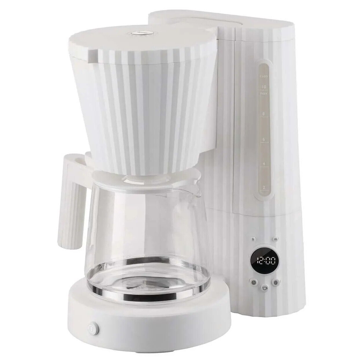 Cafetiera Alessi Plisse MDL14, 1100W, 1.5l, alb, cu functie de mentinere a caldurii, set cu cana sticla si filtru reutilizabil