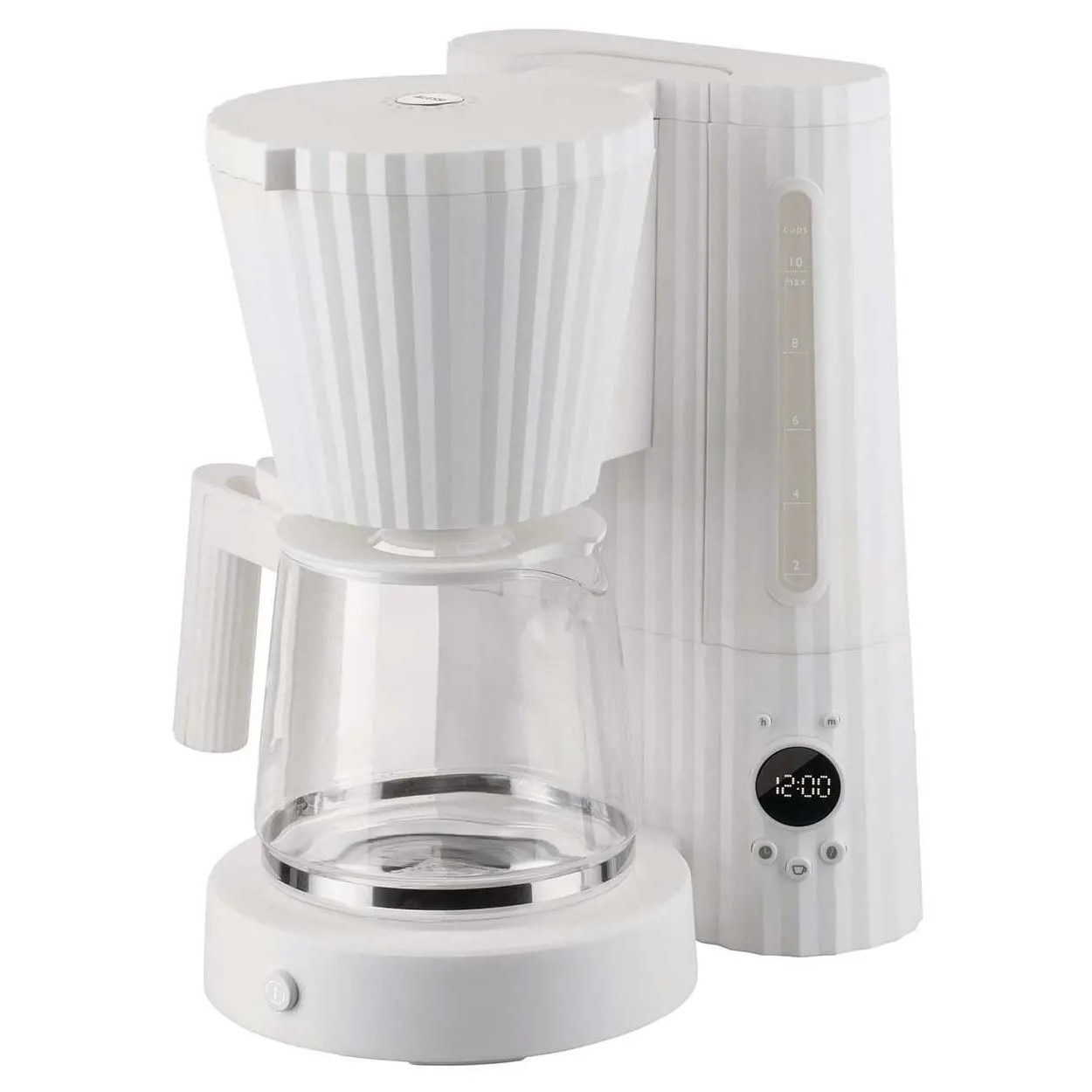 Cafetiera Alessi Plisse MDL14, 1100W, 1.5l, alb, cu functie de mentinere a caldurii, set cu cana sticla si filtru reutilizabil
