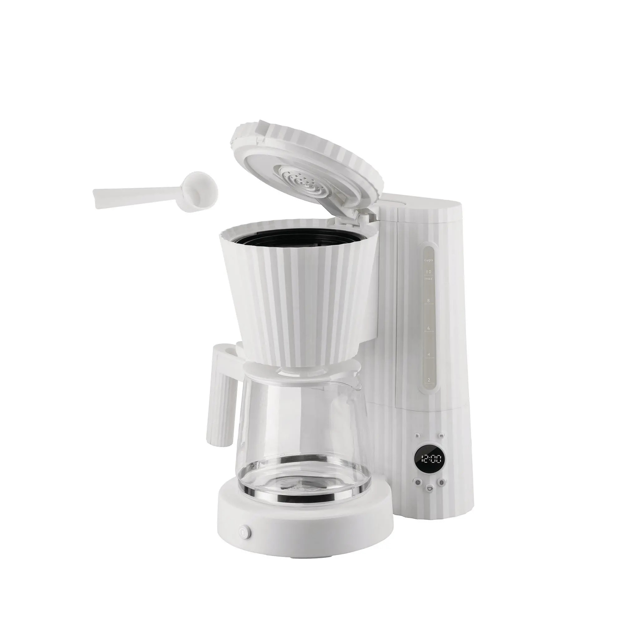 Cafetiera Alessi Plisse MDL14, 1100W, 1.5l, alb, cu functie de mentinere a caldurii, set cu cana sticla si filtru reutilizabil