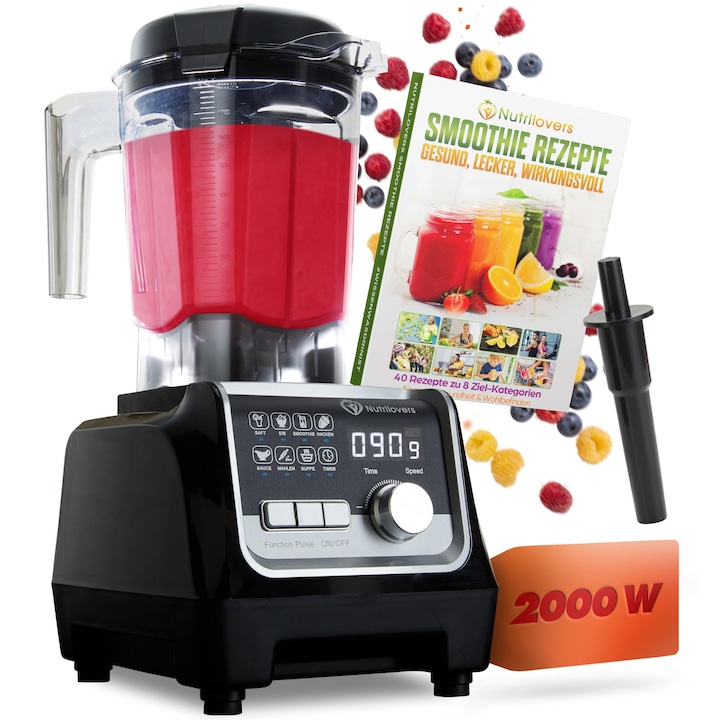 Високопроизводителен блендер Nutri-Blender Max+, стационарен миксер, 2000W, смути, високопроизводителна машина за смутита, професионален блендер - 2 л тритан, без BPA, 9 скорости, дигитален таймер, вкл. Книга с рецепти за смутита