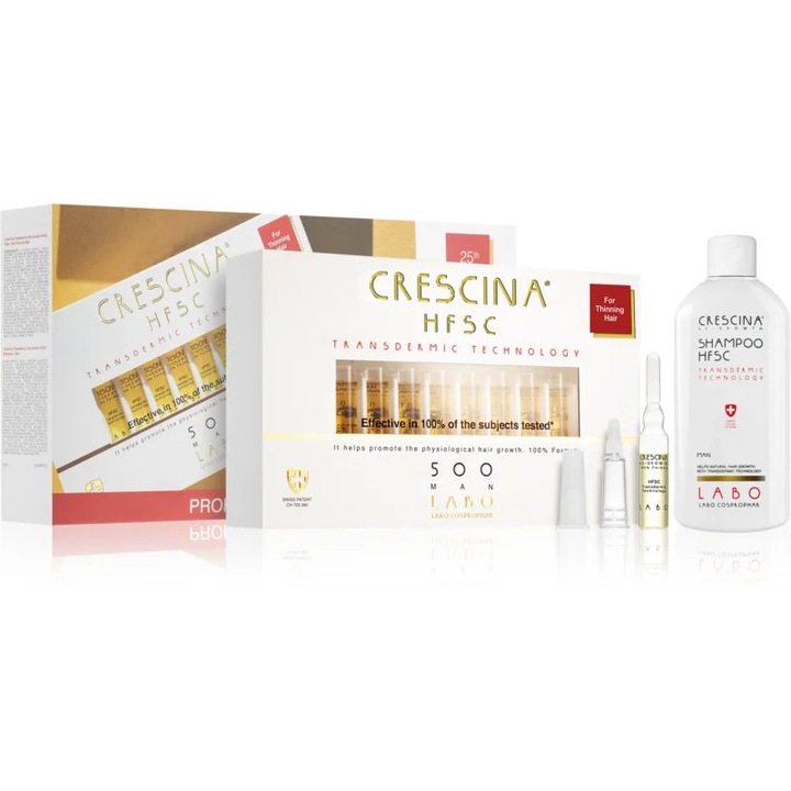 Set cosmetic pentru ingrijirea parului, Crescina Transdermic 500 Re-Growth, sampon 200ml, tratament 20x3.5ml
