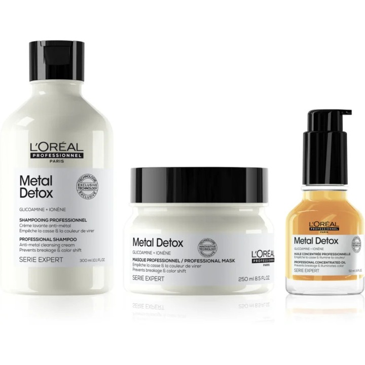 Set tratamente par L'Oreal Professionnel Serie Expert Metal Detox, sampon 300ml, masca 250ml, ulei 50ml, pentru par vopsit si deteriorat