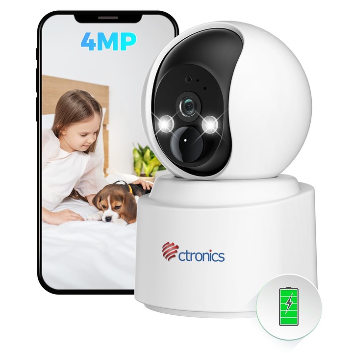 Камера за видеонаблюдение Ctronics 2.5K 4MP вътрешна, безжична, цветно нощно виждане 20m, размер: 5200mAh