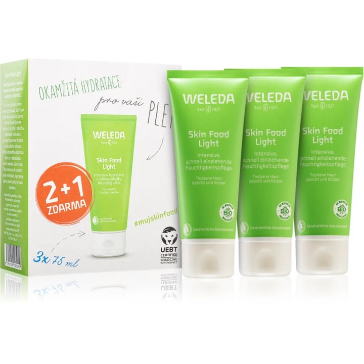 3 darabos Weleda Skin Food Light hidratáló krém szett, egyenként 75 ml, száraz bőrre, krémes állagú