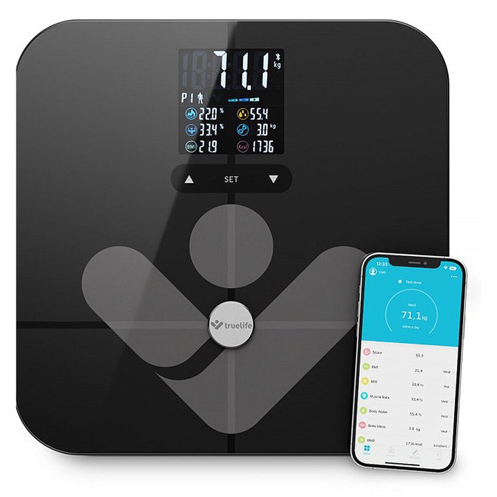 Кантар за телесно тегло TrueLife FitScale W7, анализ на телесен състав, Bluetooth, черен, 180 кг