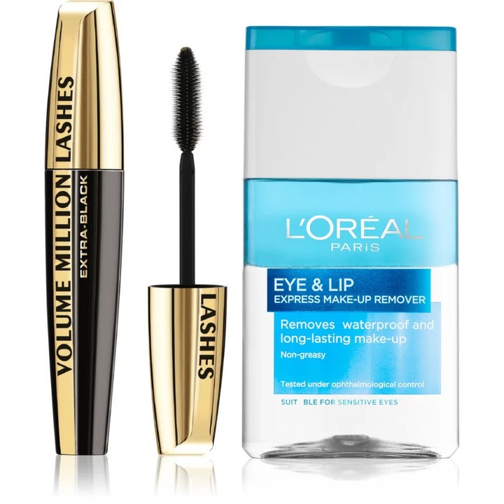 Комплект козметика L'Oreal Paris, Volume Million Lashes Black 9 мл, Почистващ гел Skin Perfection 125 мл
