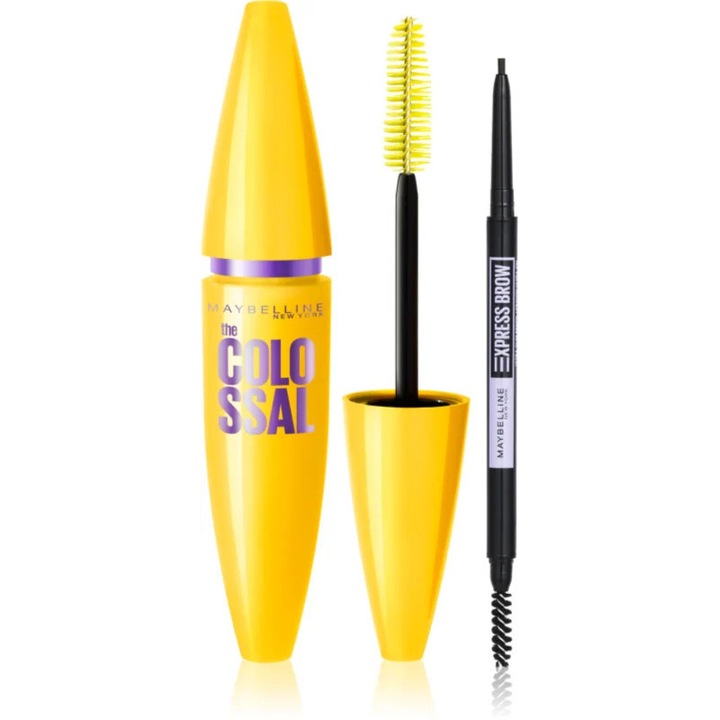 Комплект гримове Maybelline, туба The Colossal Black 10.7 мл, Ултра тънки вежди 04 Средно кафяво 9 г