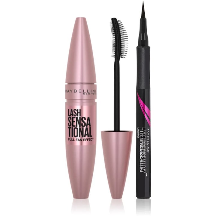 Комплект козметика Maybelline, спирала Lash Sensational 01 - Very Black 9.5 мл, очна линия Hyper Precise Black Matte 1 мл