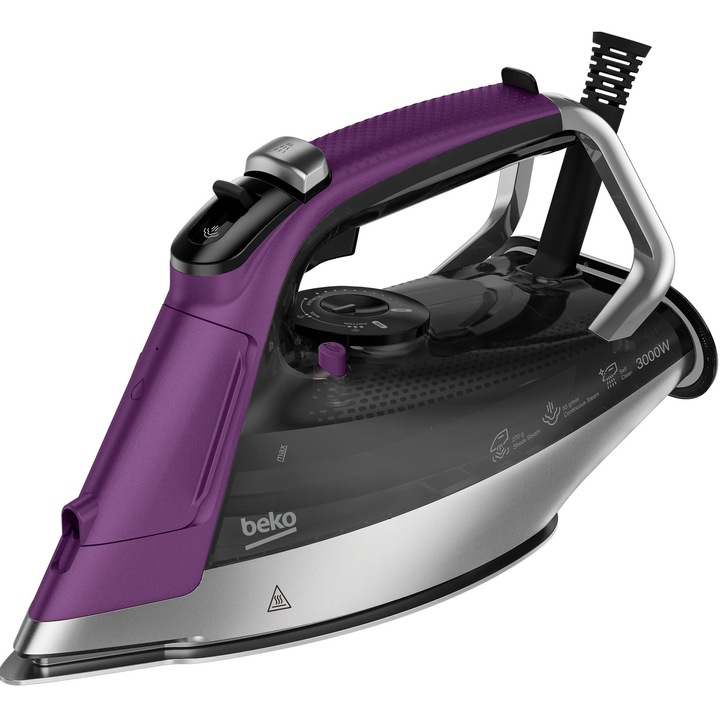 Fier de călcat Beko FutureIron Premium SIM8130V, 3000W, abur 55g/min, ceramica SoftGlide, violet-negru, 37x19x22cm