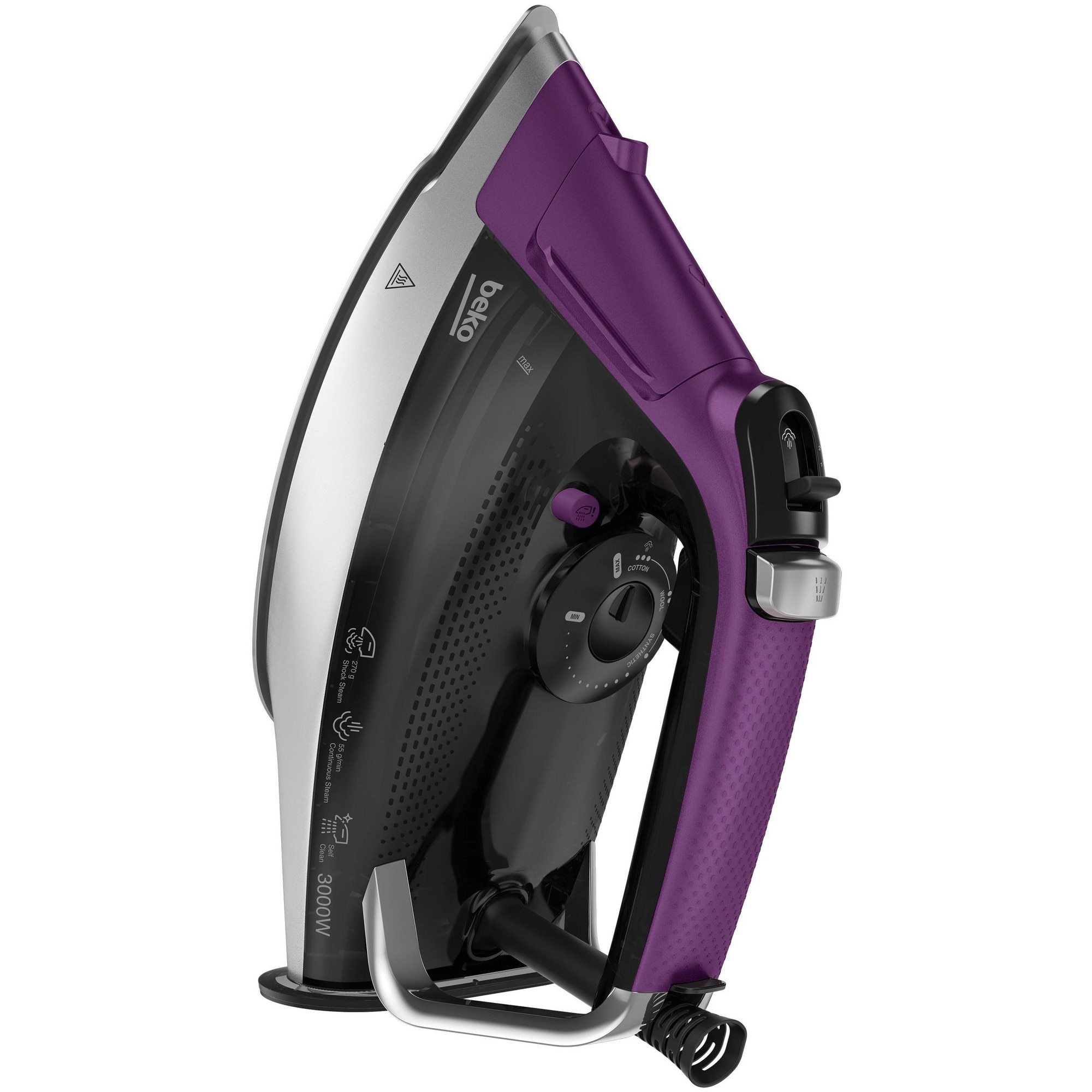 Fier de călcat Beko FutureIron Premium SIM8130V, 3000W, abur 55g/min, ceramica SoftGlide, violet-negru, 37x19x22cm