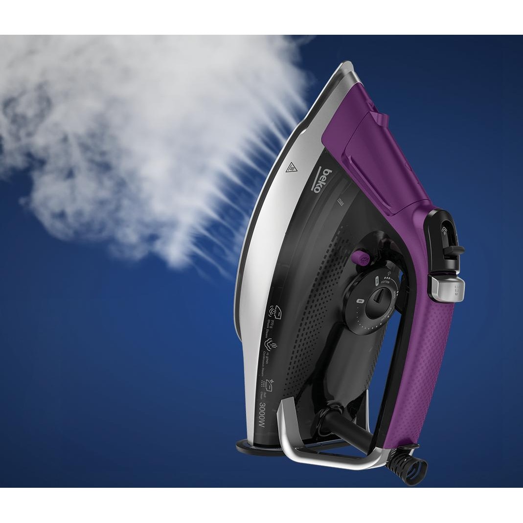 Fier de călcat Beko FutureIron Premium SIM8130V, 3000W, abur 55g/min, ceramica SoftGlide, violet-negru, 37x19x22cm