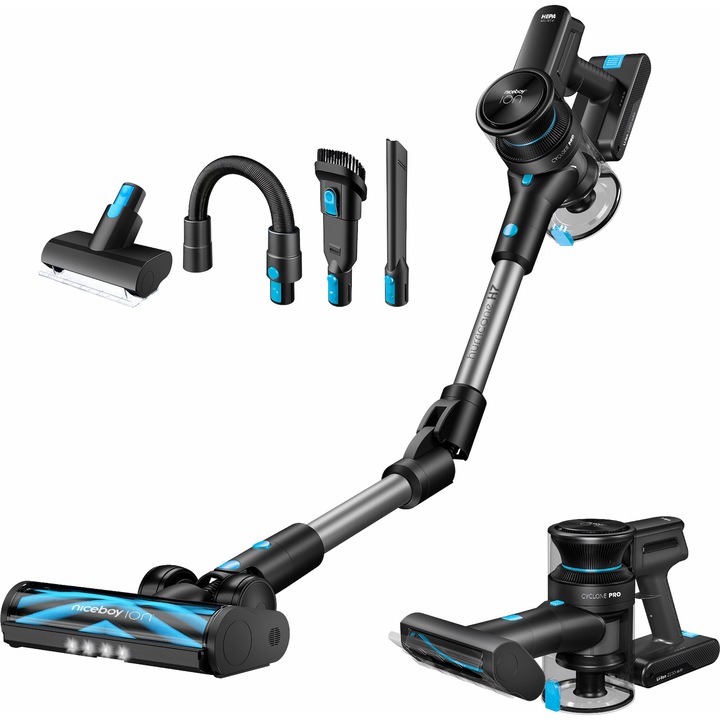 Прахосмукачка Niceboy Ion Hurricane H7, 40 минути автономна работа, черно-сива, комплект с батерия и зарядно устройство