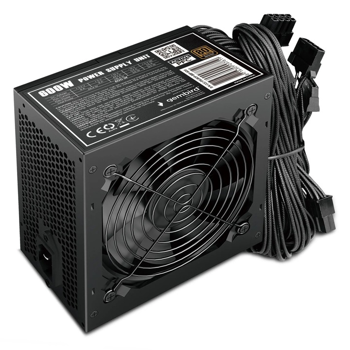Surse PC Gembird 600W 80+ Bronze, negru, dimensiuni 86x140x150mm