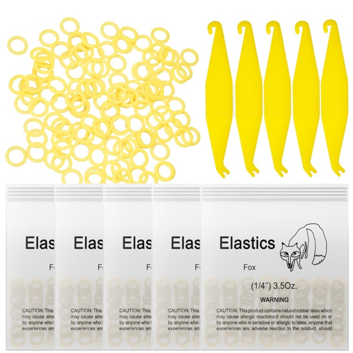 500 darabos TREXORA fogszabályozó gumiszalag készlet, 5 applikátorral, nagy rugalmasságú, sárga, fogszabályozóhoz