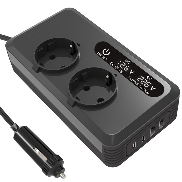 Автомобилен инвертор 200W, Fudisenn, 12V-220V, 2x USB 24W, 2x Type C 24W, Черен, 16x8.3x6см