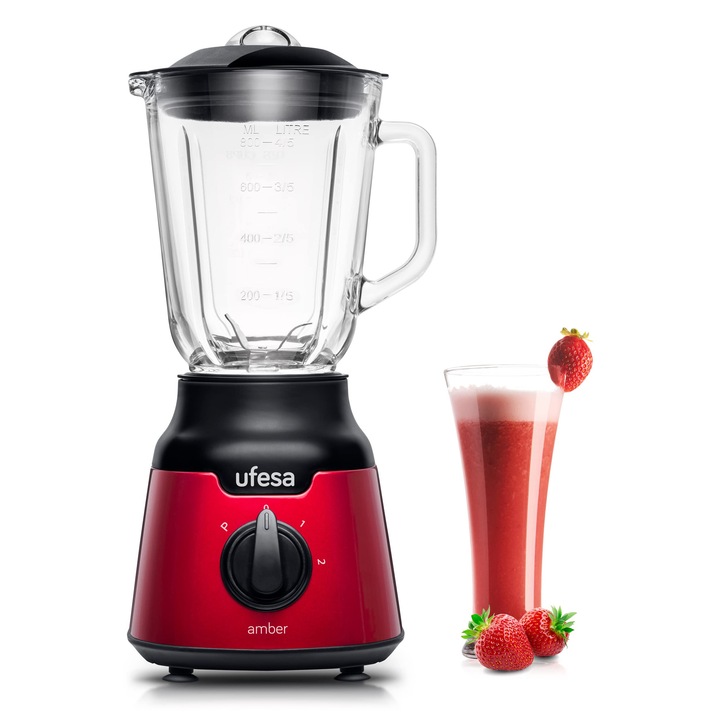 Ufesa Bs4100 кехлибареночервен блендер, стъклен контейнер 0.8 л, функция импулс/трошене на лед, 2 скорости + импулсен режим, 4 остриета от неръждаема стомана, 900 W, запечатан, без BPA, червен неръждаема стомана, ексклузивно за Amazon
