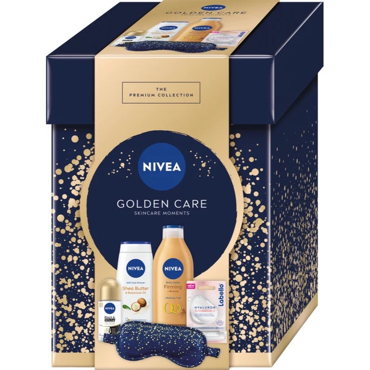 NIVEA Golden Care kozmetikai készlet, 400 ml tonizáló tej, 250 ml tusfürdő, 50 ml izzadásgátló, 5,2 g ajakbalzsam, 1 szatén maszk