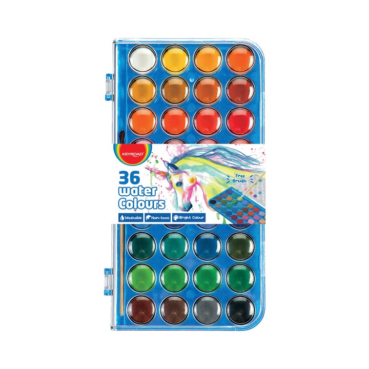 Keyroad akvarellkészlet 36 színből, ecsettel, 23 mm átmérőjű