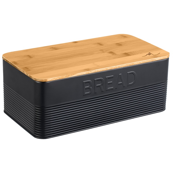 Метална кутия за хляб, Meraki Home, бамбуков капак, 33x18x12см, матово черно