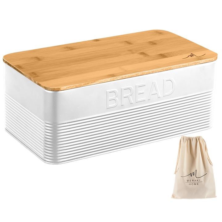 Метална кутия за хляб, Meraki Home, бамбуков капак, торбичка от органичен памук за пресен хляб, 33x18x12 см, лъскаво бяла