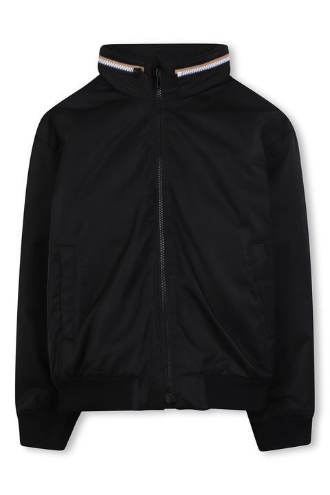 BOSS Kidswear, Jacheta cu gluga ascunsa si fermoar, Negru
