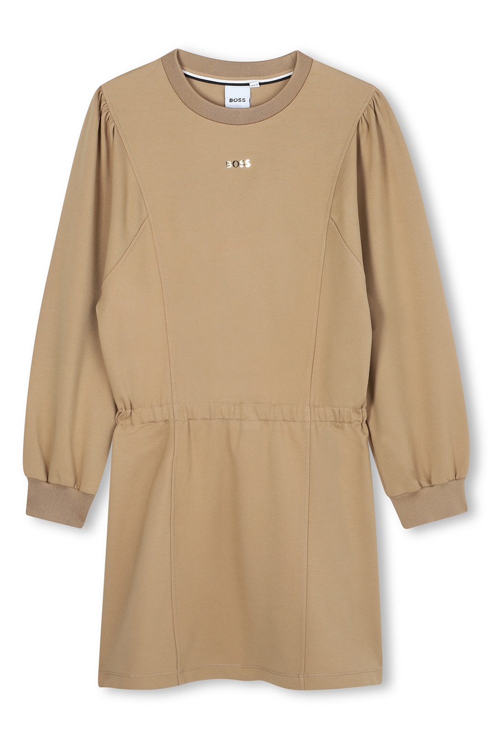 BOSS Kidswear, Rochie cu maneci lungi si decolteu la baza gatului, Bej, 150 CM