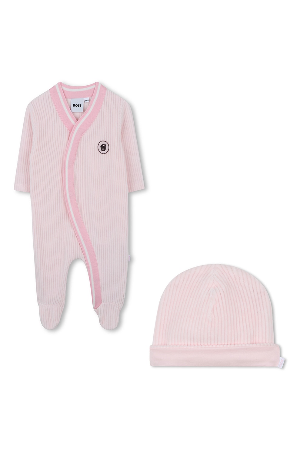 BOSS Kidswear, Set de salopeta si caciula - 2 piese, Roz deschis, 81 CM