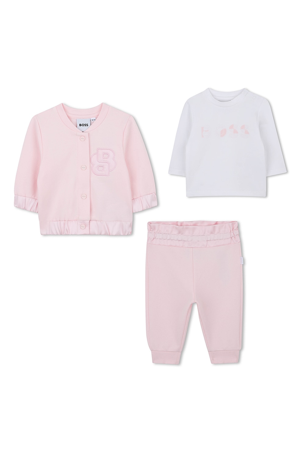 BOSS Kidswear, Set de jacheta cu nasturi, pantaloni si bluza de trening - 3 Piese, Roz deschis, Alb murdar, 81 CM