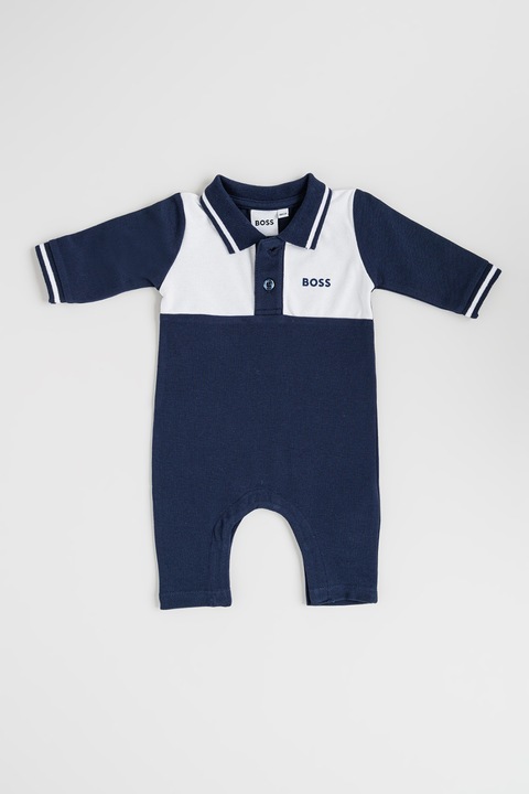 BOSS Kidswear, Salopeta lunga din amestec de bumbac cu capse, Alb/Bleumarin
