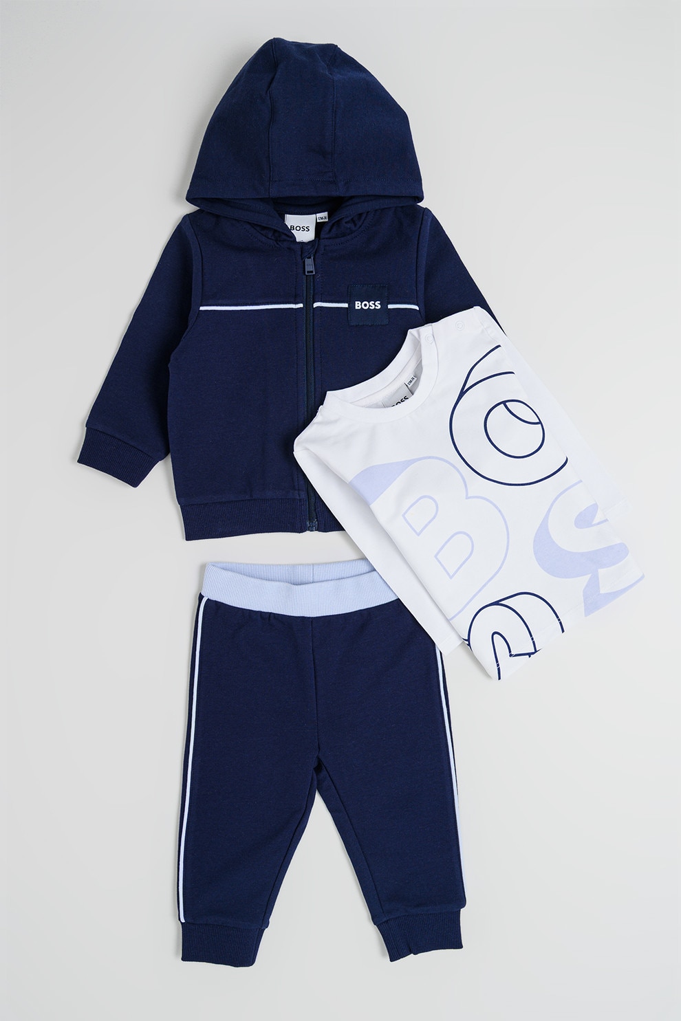 BOSS Kidswear, Set de trening cu model si bluza - 3 Piese, Alb, Albastru ultramarin, 67 CM