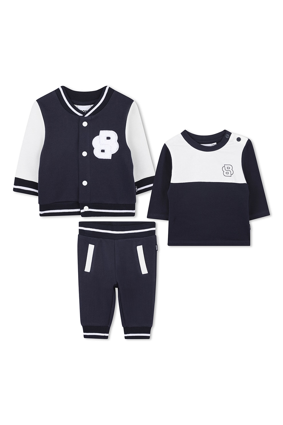 BOSS Kidswear, Set de trening si bluza cu detalii contrastante - 3 piese, Alb, Bleumarin, 71 CM