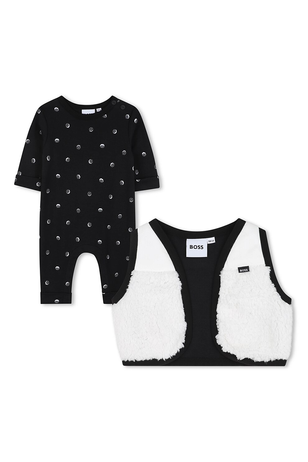 BOSS Kidswear, Set de salopeta cu model logo si vesta din material teddy - 2 Piese, Alb, Negru, 74 CM
