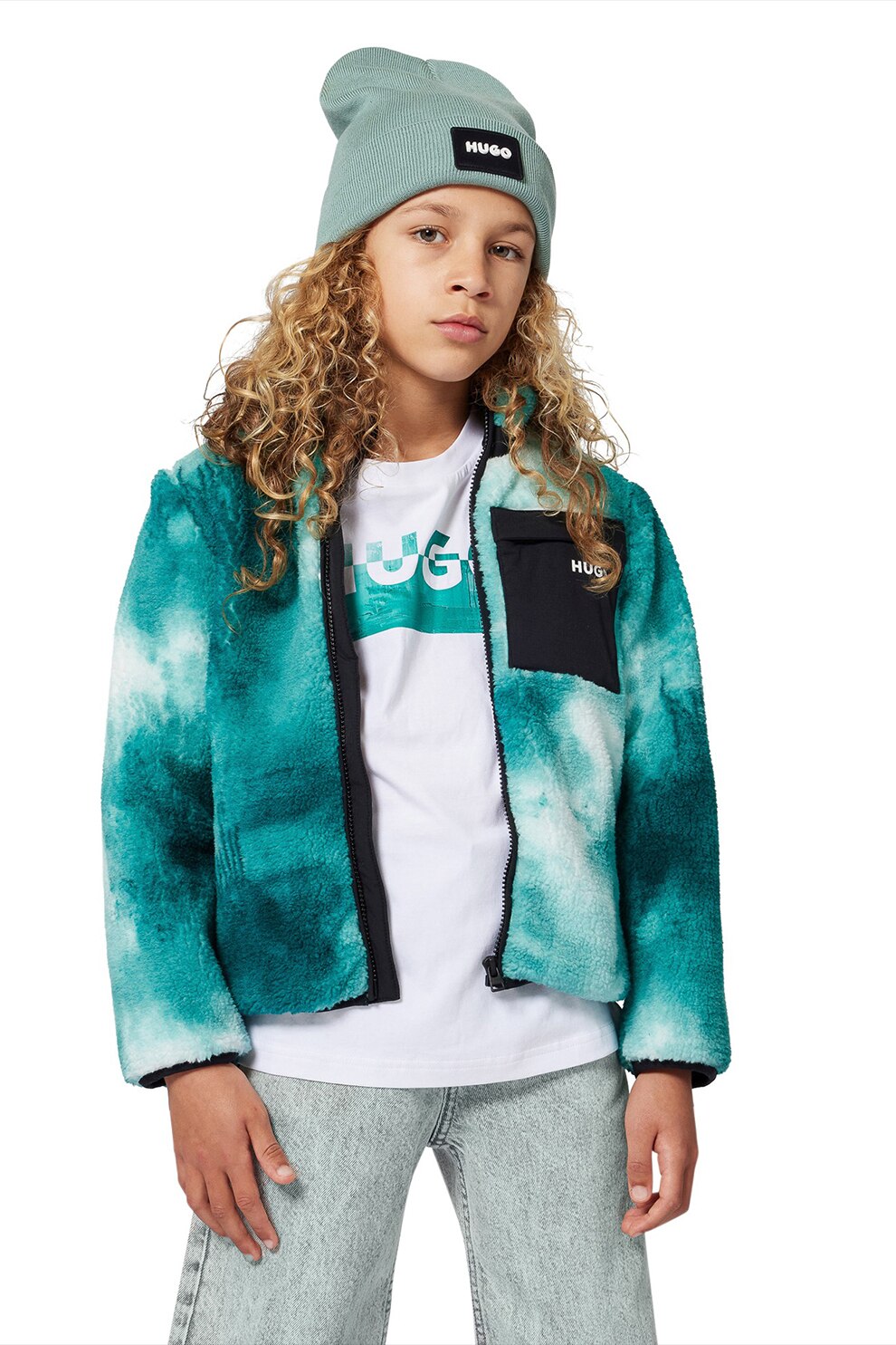 HUGO, Tricou cu imprimeu logo, Alb, Verde persan, 114 CM