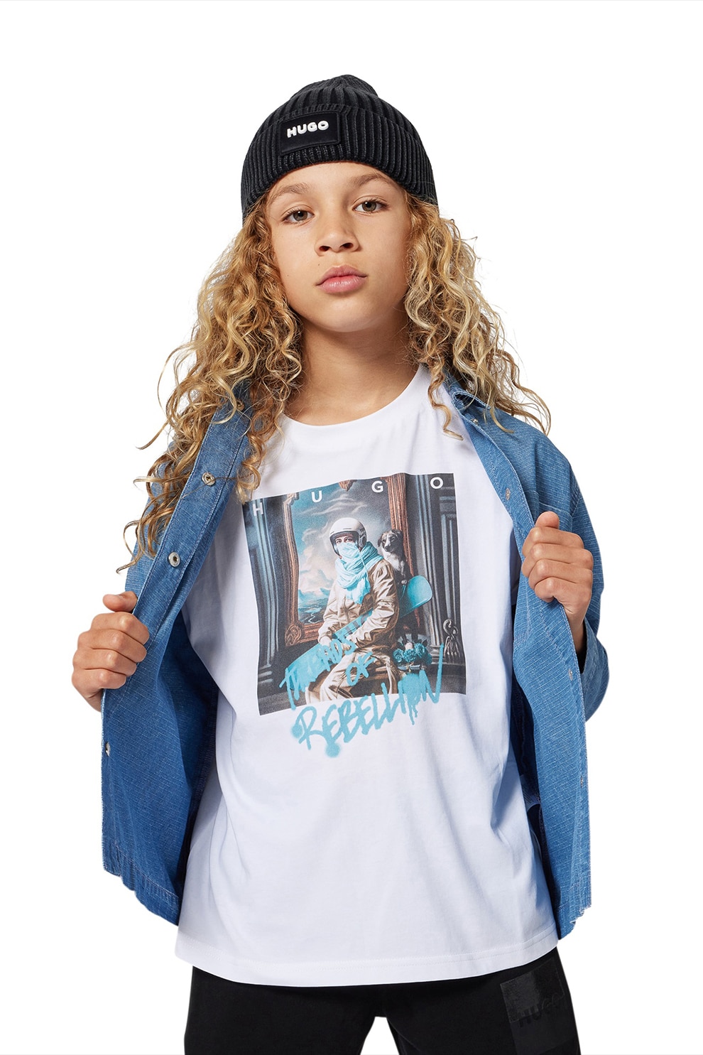 HUGO, Camasa din denim cu buzunar pe piept, Albastru deschis, 138 CM