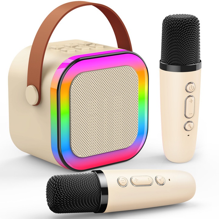 Set de karaoke pentru copii, ATOPDREAM, boxa Bluetooth 5.0, 2 microfoane, alb