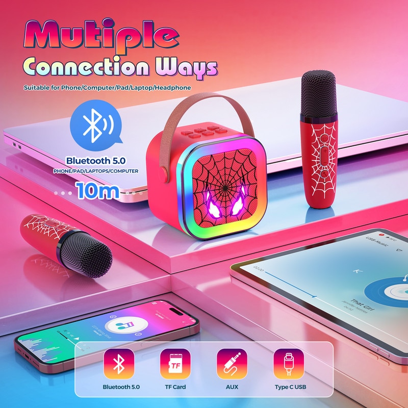 Set Karaoke Spider Man cu 2 Microfoane Wireless, ATOPDREAM Lumini