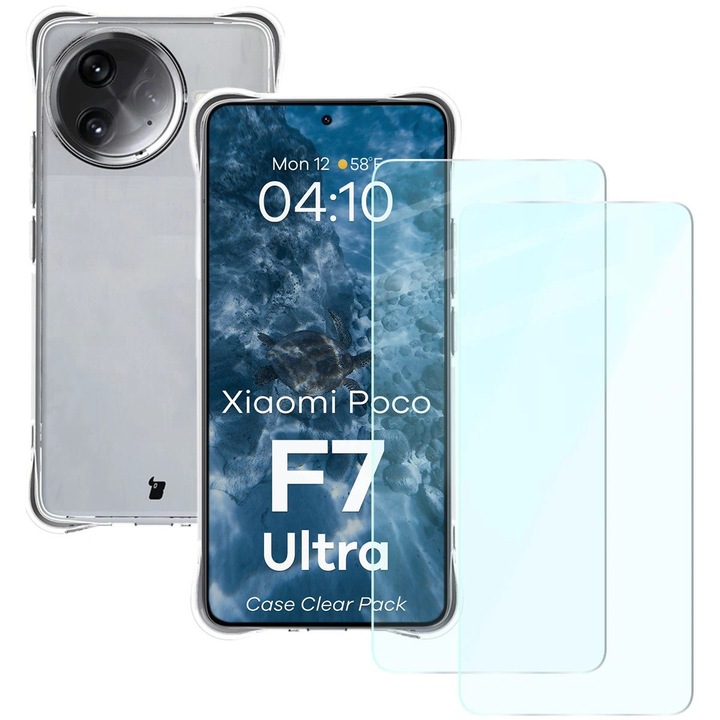 Set Husa + 2x Sticla Bizon Case Clear Pack pentru Xiaomi POCO F7 Ultra, transparent