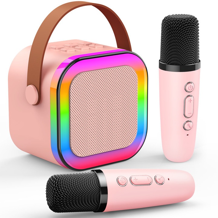 Set karaoke copii, ATOPDREAM, Bluetooth 5.0, 2 Microfoane, Roz