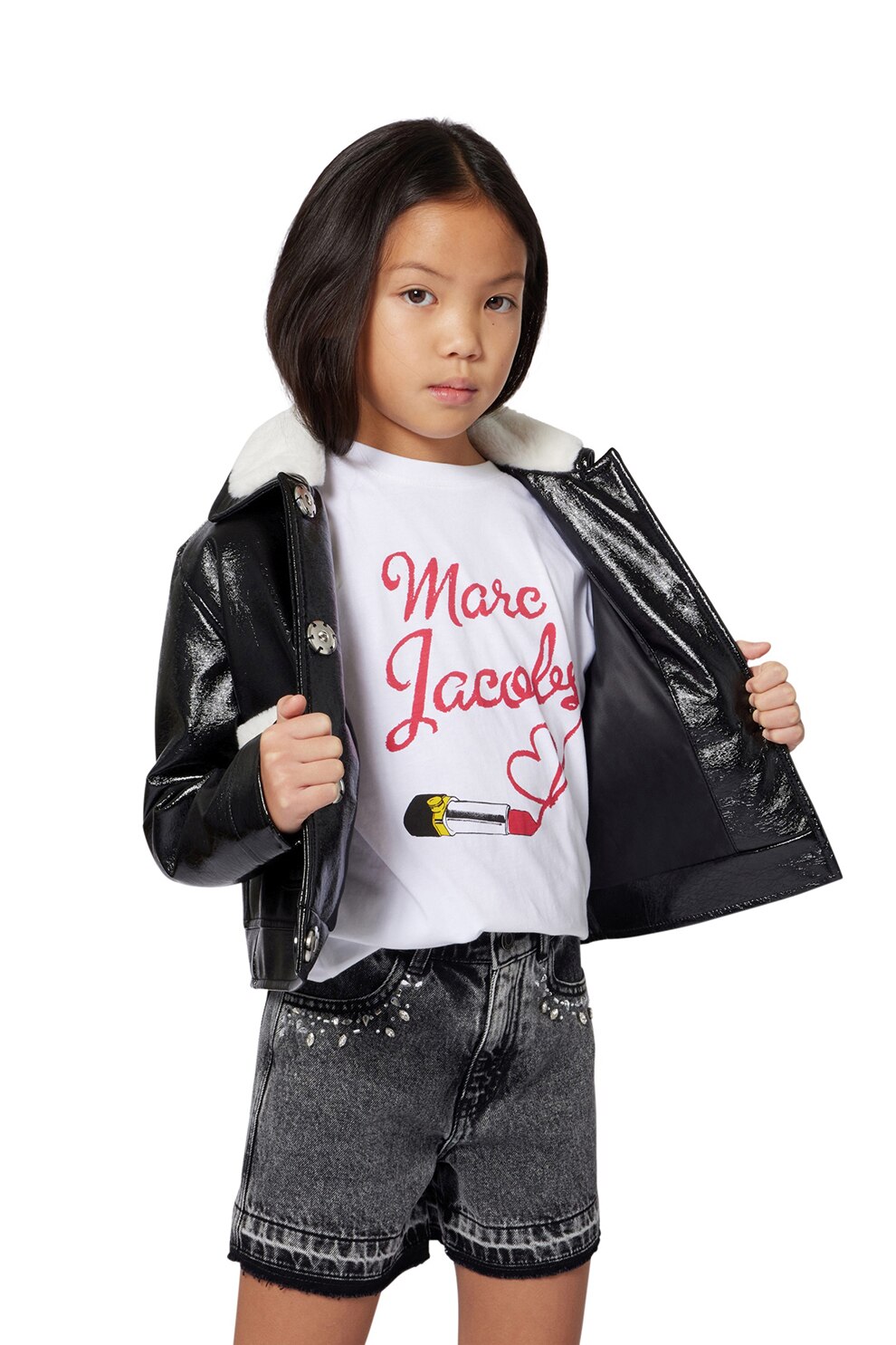 Marc Jacobs, Tricou cu logo si decolteu la baza gatului, Alb optic, Rosu vermillion, 138 CM