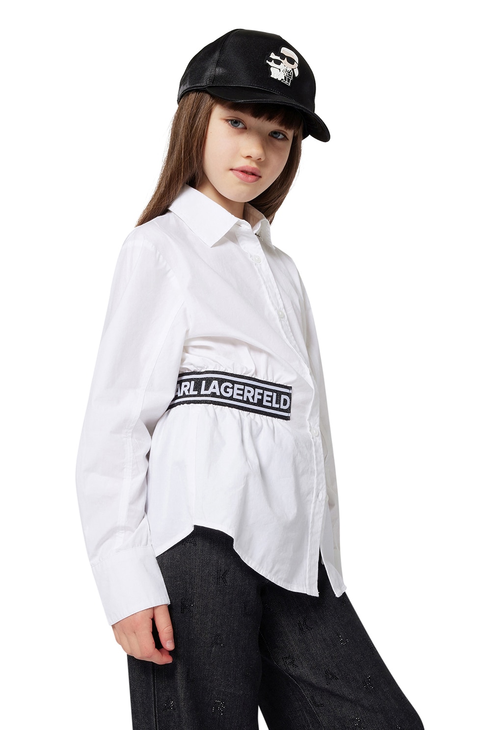 KARL LAGERFELD KIDS, Camasa din bumbac cu logo, Negru, Alb optic, 150 CM