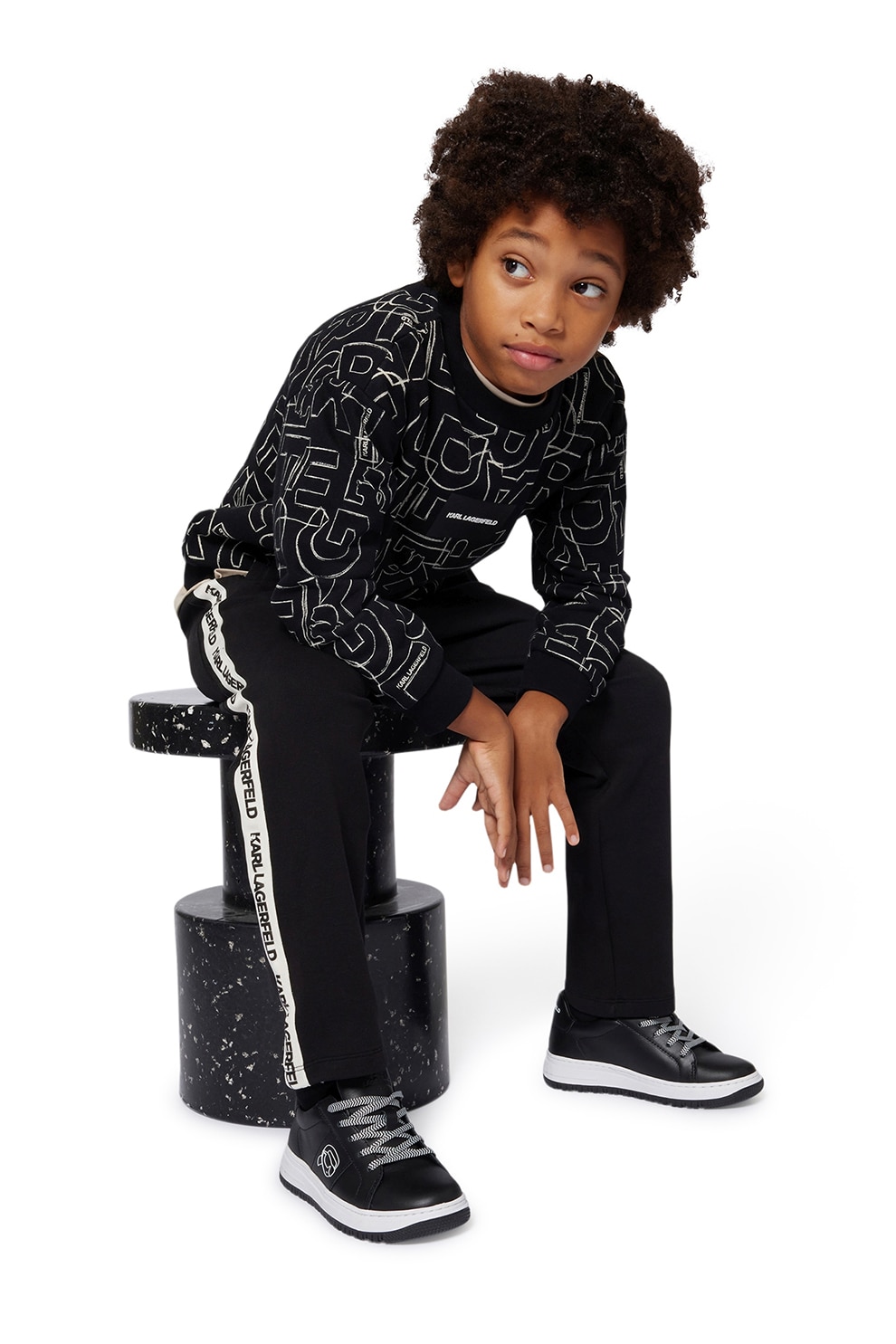 KARL LAGERFELD KIDS, Pantaloni din amestec de bumbac cu logo, Alb fildes, Negru, 138 CM