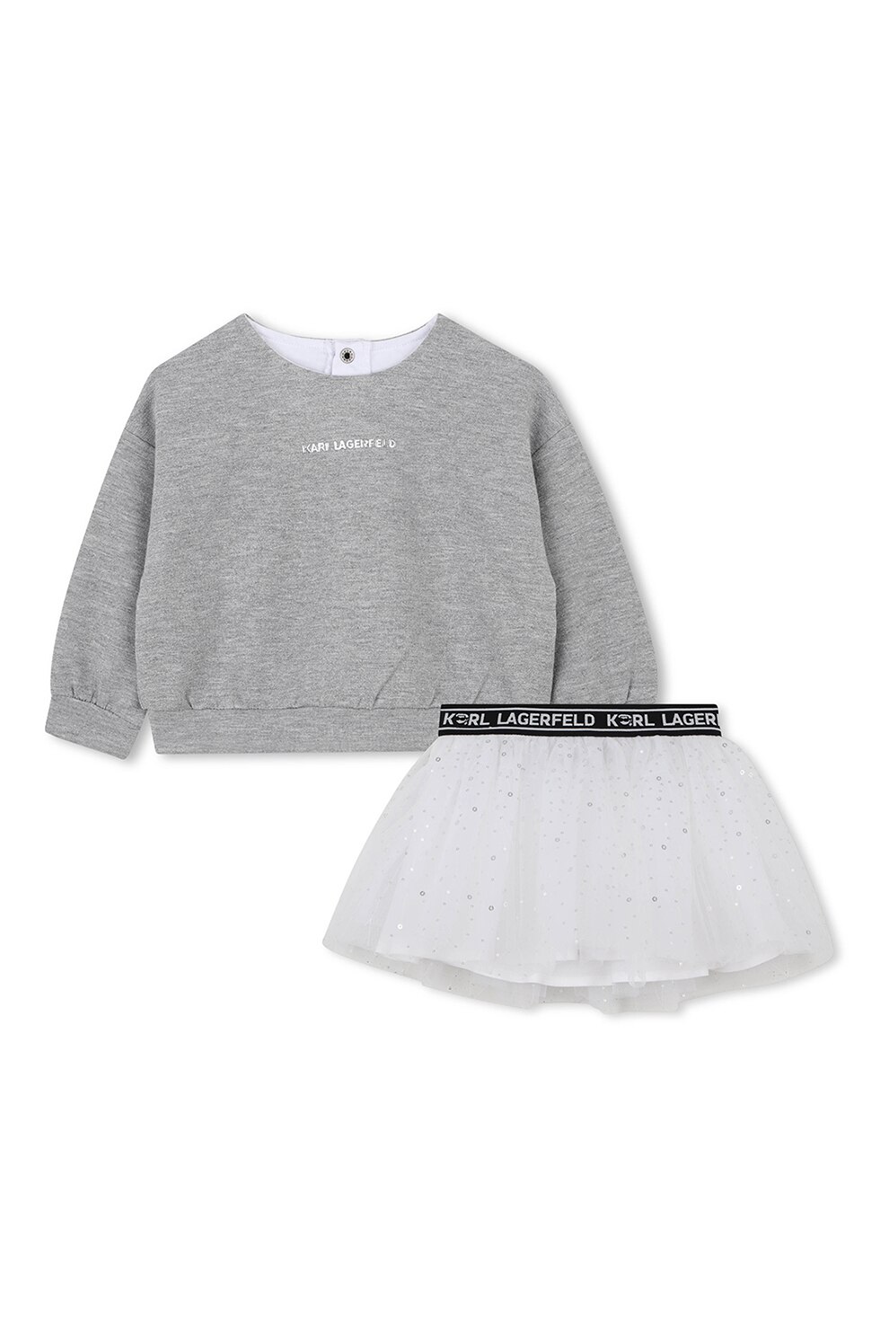 KARL LAGERFELD KIDS, Set de bluza de trening si fusta din tul cu logo, Alb, Gri melange, 74 CM
