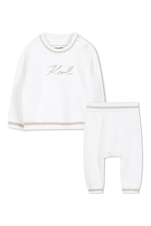KARL LAGERFELD KIDS, Set de bluza de trening si pantaloni din bumbac si casmir, Auriu/Alb murdar