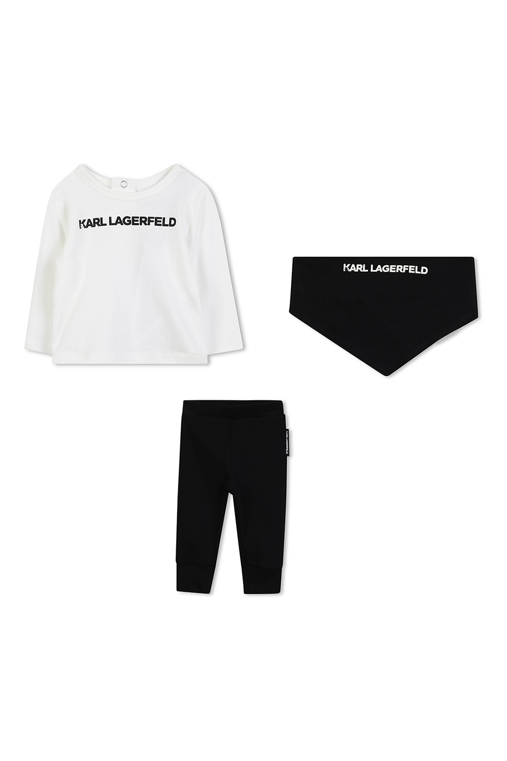 KARL LAGERFELD KIDS, Set de bluza, pantaloni si bavetica din bumbac, Alb, Negru, 60 CM